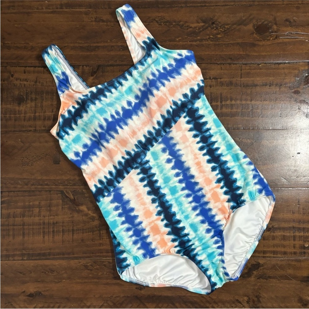 Lands’ End Tugless Sporty One Piece Swimsuit Tie Dye Media Stripes Women Large